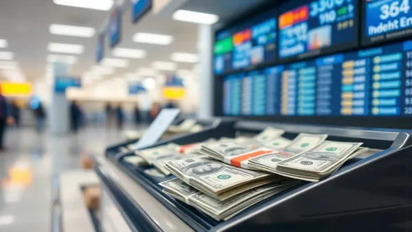 Balcão de câmbio em aeroporto com cédulas de dólar sobre o balcão