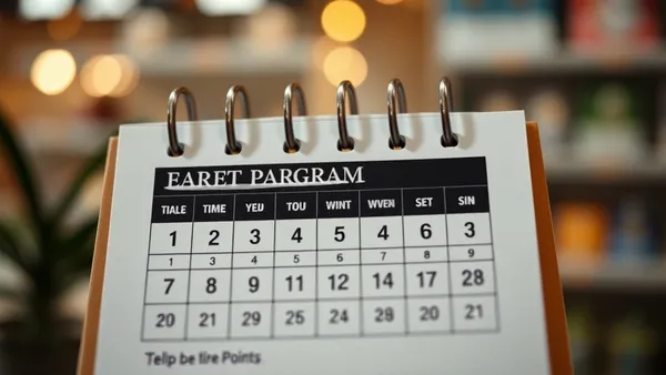Calendário com marcações de prazo e cartões de fidelidade sobre mesa de trabalho
