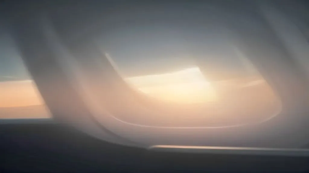 Cabine de classe executiva de avião com poltronas individuais ao amanhecer