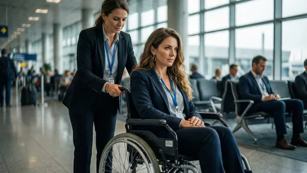 Passageiro em cadeira de rodas recebendo assistência em aeroporto