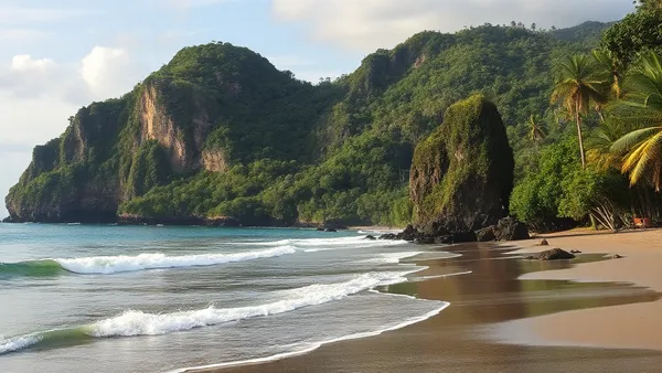 Terraços de arroz verdejantes em Bali com templo ao fundo sob céu azul tropical