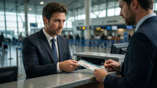 Balcão de atendimento em aeroporto com passageiro segurando cartão de embarque para solicitar cancelamento