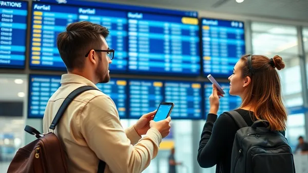 Casal de viajantes consultando o celular com telas de reserva de voo em aeroporto