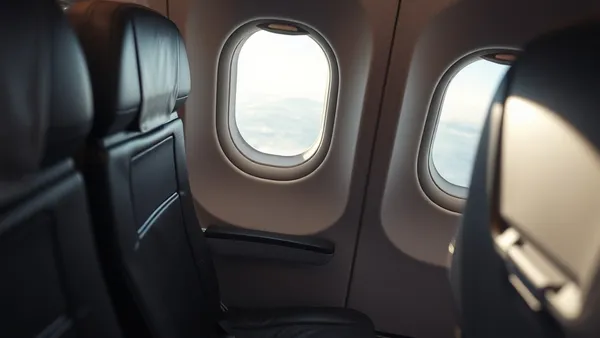 Cabine de classe econômica em voo transatlântico com janela e assento de avião