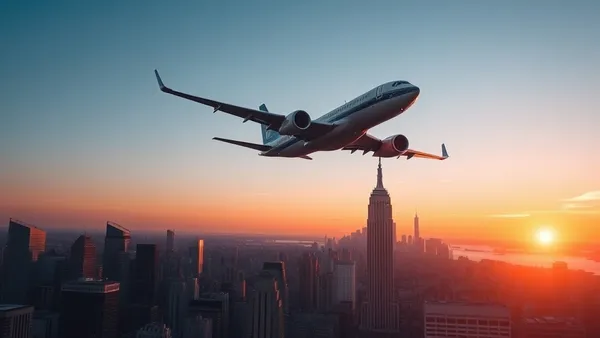 Avião sobrevoando skyline de Nova York ao pôr do sol representando emissão de passagem com milhas para os EUA