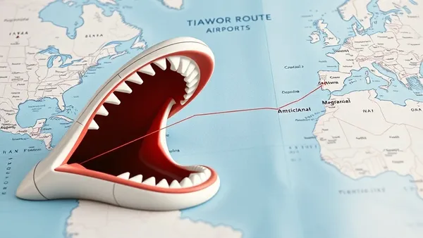 Mapa de rotas aéreas mostrando dois aeroportos de origem e destino diferentes para emissão open-jaw