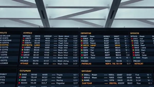 Painel de partidas de aeroporto ao lado de um calendário de planejamento de viagem