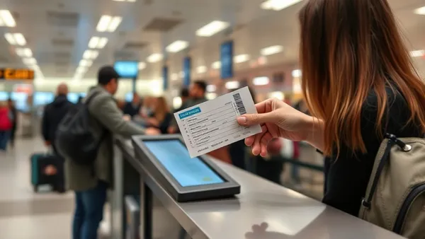 Balcão de check-in de aeroporto com passageiro conferindo cartão de embarque para remarcar voo