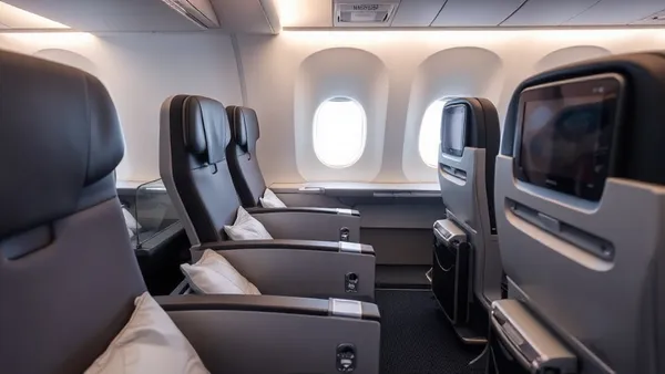 Cabine de classe executiva de avião com poltronas reclináveis e tela individual