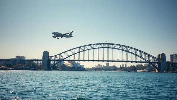 Sydney Opera House e Harbour Bridge vistos de cima com avião sobrevoando a cidade
