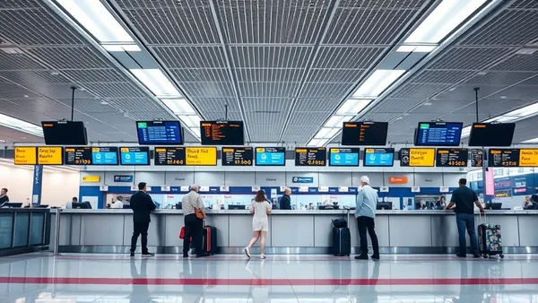 Balcão de check-in de companhia aérea em aeroporto internacional, com passageiros aguardando embarque