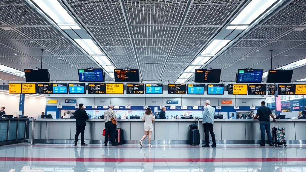 Balcão de check-in de companhia aérea em aeroporto internacional, com passageiros aguardando embarque