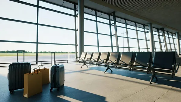 Saguão de aeroporto vazio com malas e sacolas de compras no chão