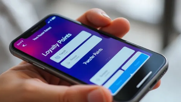 Mão segurando smartphone com aplicativo de transferência de pontos e cartões ao fundo