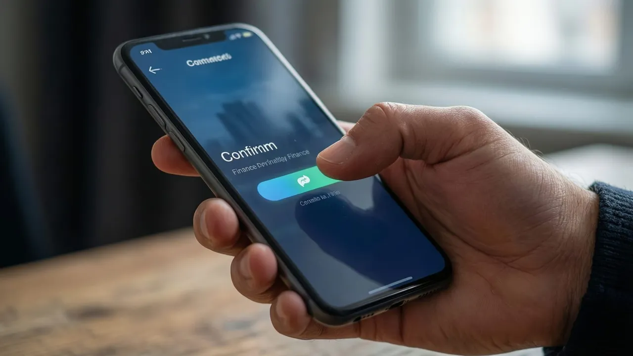 Mão tocando o botão de confirmar transferência na tela de um celular
