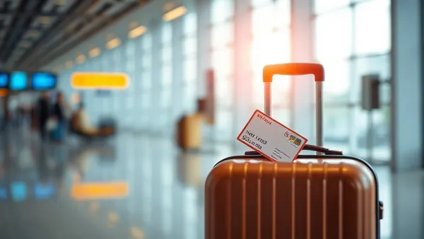 Cartão-chave de hotel e mala de viagem sobre o balcão do aeroporto, representando conversão de pontos de hospedagem em milhas aéreas
