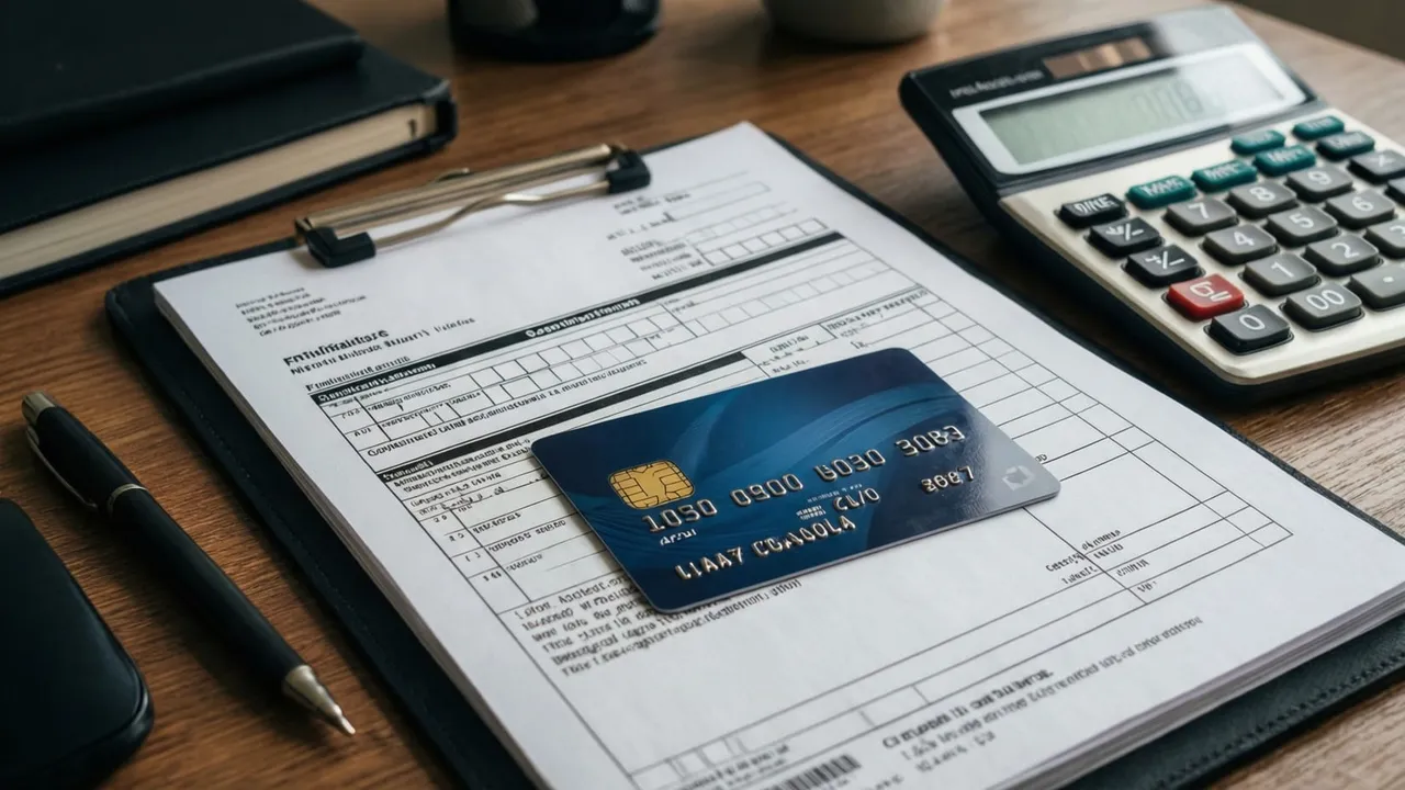 Pessoa conferindo extrato de cartão e calculadora sobre a mesa, comparando pontos acumulados