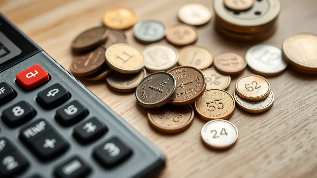 Moedas fracionadas espalhadas ao lado de calculadora e planilha de pontos, representando resíduo de pontos quebrados