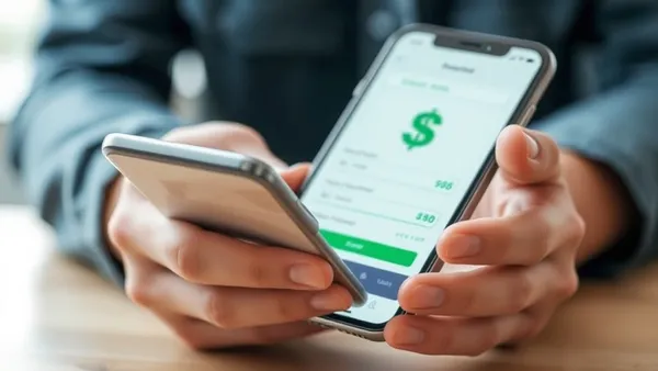Mão segurando smartphone com aplicativo de banco aberto, simulando transferência de pontos